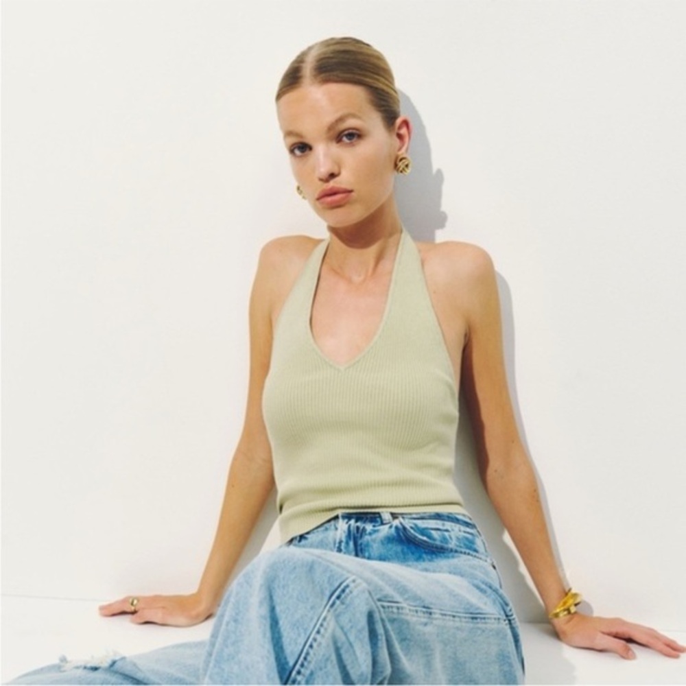 Reformation Sage Green Ribbed Halter Tank